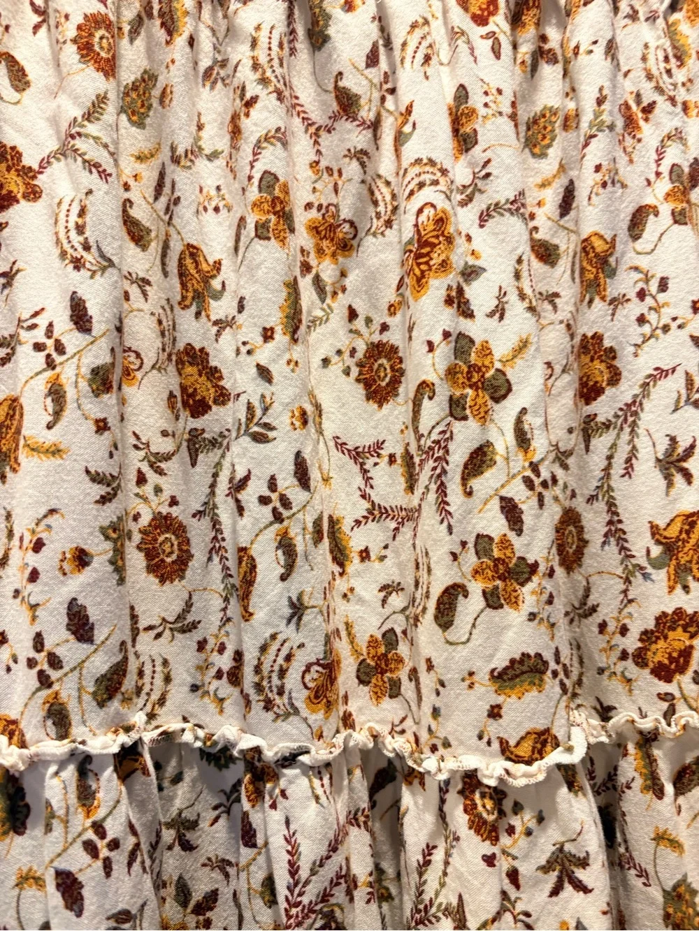 Boho Tiered Floral Maxi Skirt - White with Mustard Brown Print - Picture 3 of 4
